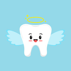 Christmas tooth angel isolated on blue background. Flat design cartoon kawaii style smiling character in angel with halo and wings carnival costume vector illustration. Kids teeth hygiene concept