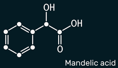 Mandelic acid molecule. It is is alpha hydroxy acid, AHA. Skeletal chemical formula on the dark blue background