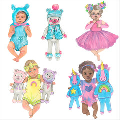 Cute babies, watercolor illustration.