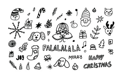 Vector Illustration set with Christmas in doodle style black line white background. Cute,New Year clip art hand drawn.Design for stickers,social media,packaging,web,postcards,posters.