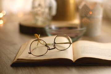 Bowl of chocolate, book, reading glasses, candles and vase with flowers on the table. Selective focus.