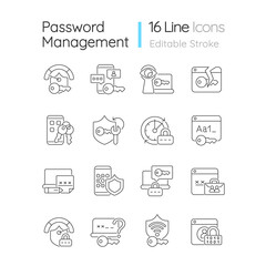 Password management linear icons set. Smartphone and computer safeguard. Internet safety. Online privacy. Customizable thin line contour symbols. Isolated vector outline illustrations. Editable stroke