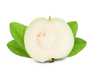 Guava fruit with leaf isolated on white background.