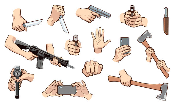 Set of isolated illustrations of hands holding weapons. Set of vector illustration of defense situation. 