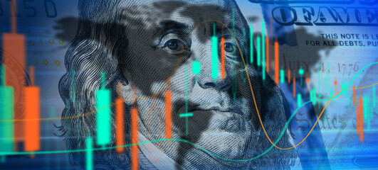 Stock market concept, financial data analysis graph showing market trends over American dollar on a digital display