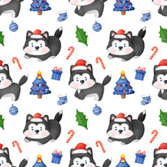 Seamless pattern with Christmas Siberian husky dog with santa hat .