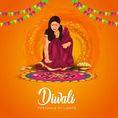 Indian festival of Diwali celebration background with decorated Rangoli and Diya. vector illustration design. - obrazy, fototapety, plakaty