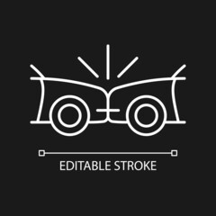 Head-on collision white linear icon for dark theme. Two vehicles collide into one another. Thin line customizable illustration. Isolated vector contour symbol for night mode. Editable stroke