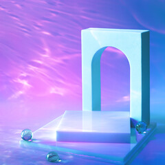 Abstract surreal scene - empty stage with square podium and arch on holographic neon background...