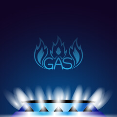 Illustration with gas burner and natural gas on blue background.