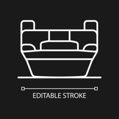 Rollover crash white linear icon for dark theme. Car flipping over onto roof. Vehicle loses balance. Thin line customizable illustration. Isolated vector contour symbol for night mode. Editable stroke