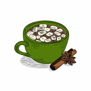 green mug hot chocolate with marshmallows clip art preview