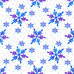 Watercolor christmas pattern blue snowflakes. Perfect for wrapping paper, fabric printing, scrapbooking.