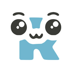 Letter r funny kawaii character with big eyes, vector clipart