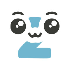 Number 2 funny kawaii character with big eyes, vector clipart