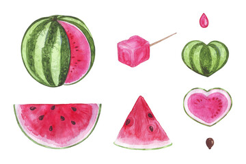 decorative set on the theme of summer fantasies - watermelon, watercolor illustration, used for stickers, patterning and collages, scrapbooking, decor
