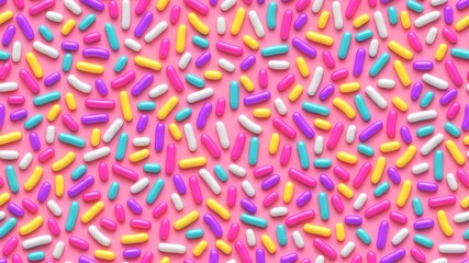 Colorful drops or hard candies on pink background. Seamless pattern. 3d rendering