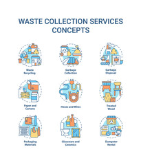 Fototapeta premium Waste collection services concept icons set. Recycling and disposal idea thin line color illustrations. Garbage collection. Trash types. Vector isolated outline drawings. Editable stroke