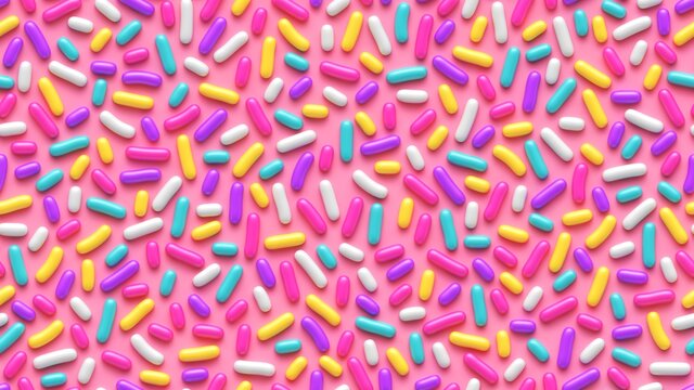 Colorful drops or hard candies on pink background. Seamless pattern. 3d rendering