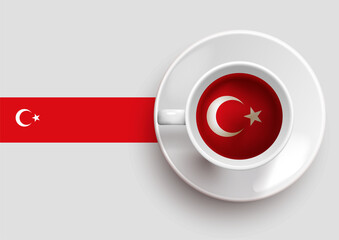 Turkey flag with a tasty coffee cup on top view and a gradient background. Hot beverage with Turkey flag, vector illustration.
