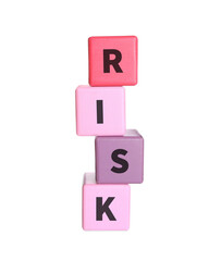 Woman stacking color wooden cubes with word Risk on white background, closeup
