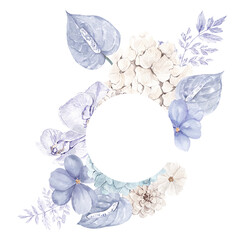 Watercolor Floral frame with pastel flowers  and leaves, isolated on white background