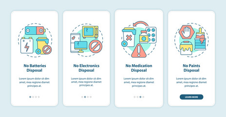Not accepted rubbish onboarding mobile app page screen. Not disposal waste materials walkthrough 4 steps graphic instructions with concepts. UI, UX, GUI vector template with linear color illustrations