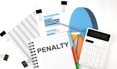 Text PENALTY on a notebook on the diagram and charts with calculator and pen