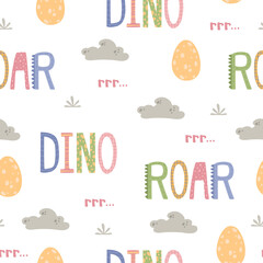Obraz premium Seamless pattern with lettering DINO, ROAR, with cute clouds, plants, dinosaur eggs. Colourful cartoon objects on white background. Hand drawn vector illustration in trendy flat cartoon style.