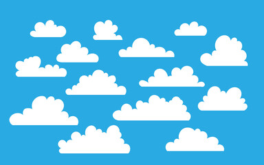 Cloud icons set in flat style isolated on blue background. Cloud symbol for your website, logo, app, ui,poster, flyers, postcards, web banners. Holiday mood, airy atmosphere.  Vector illustration.