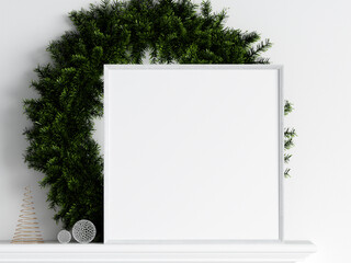 Frame mockup in Christmas interior, christmas decoration, 3d render