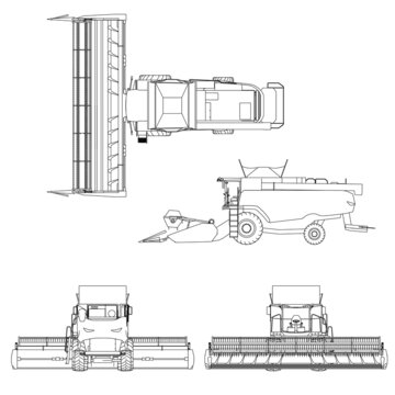 Set with combine harvester from black lines isolated on white background. Side view, top, front, back. Vector illustration