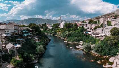 Panoramic view of Mostar city and river Neretva