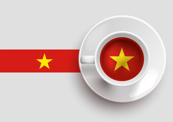 Vietnam flag with a tasty coffee cup on top view and a gradient background. Hot beverage with Vietnam flag, vector illustration.