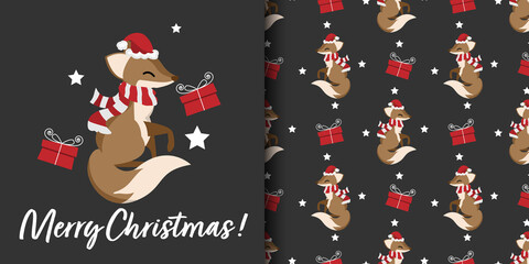 Christmas holiday season banner with Merry Christmas text and seamless pattern of a fox wear Santa hat and red scarf with gift box and stars on black background. Vector illustration.