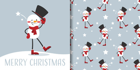Christmas holiday season banner with Merry Christmas text and seamless pattern of cute snowman wear red scarf and black hat on light gray background with stars. Vector illustration.
