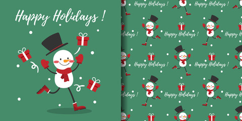Fototapeta premium Christmas holiday season banner with Happy Holidays text and seamless pattern of cute snowman wear red scarf and black hat with gift boxes on green background with snowflakes. Vector illustration.