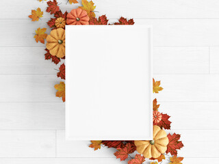 Naklejka na ściany i meble fall frame mockup, autumn background with leaves, 3d render