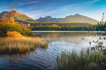 Scenic image of fairy-tale Landscape with colorful overcast sky under sunlit, over the Mountain...