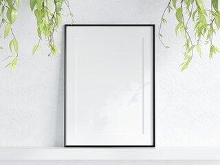 vertical frame mockup with plant, minimalist black frame mockup, poster mockup, print mockup, 3d render