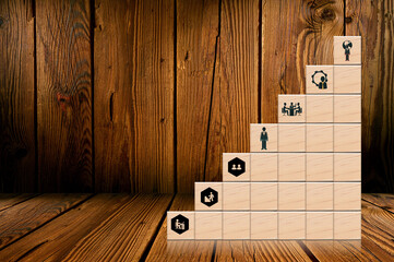 Fototapeta na wymiar As a step stair, use a wood cube with arrow stacking. The process of a business concepts growth and success, lamp light bulb idea icon concept , 3d rendering