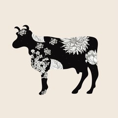 Floral cow silhouette. Vector illustration. Farm animal. Agriculture.