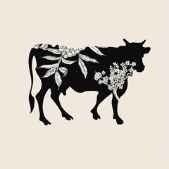 Floral cow silhouette. Vector illustration. Farm animal. Agriculture.