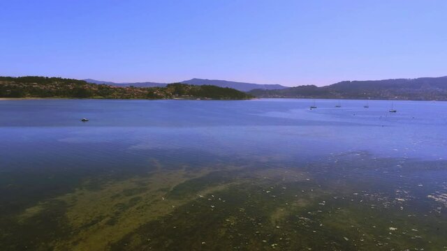 An aerial view of birds flying over the river in Combarro, Spain