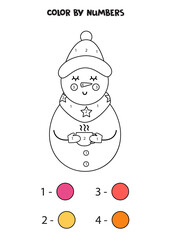 Color cute cartoon snowman by numbers. Worksheet for kids.