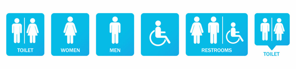 Different icons for restroom, Toilet, wc signs. Men, Woman, People with disability, Shower, Child. Vector flat design