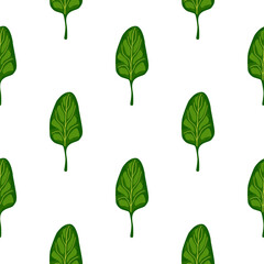 Seamless pattern Spinach salad on white background. Minimalistic ornament with lettuce.