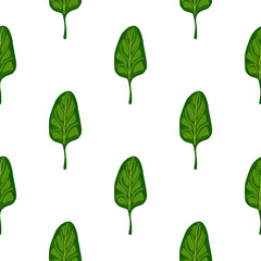 Seamless pattern Spinach salad on white background. Minimalistic ornament with lettuce.