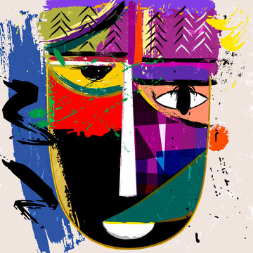 abstract face or mask, with paint strokes and splashes, african inspired