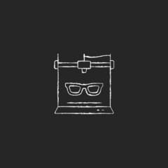 3d printed glasses chalk white icon on dark background. Innovation in eyewear industry. Custom-made accessory. Innovative production method. Isolated vector chalkboard illustration on black